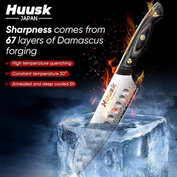 Huusk Damascus Santoku Knife 7 inch, Japanese Knives with Sharp Edge and Wooden Handle Hand Forged Chef Knives for Home Use, Meat Vegetables Fish Knives, Birthday Dad Mom Gift