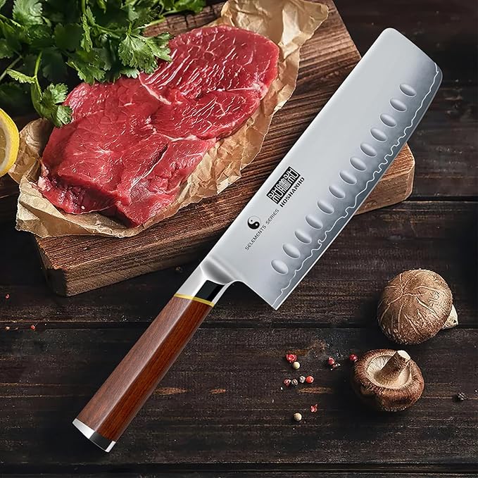 HOSHANHO Nakiri Knife 7 Inch, Hand Forged Japanese High-corbon Steel Chef Knife, Multipurpose Meat and Vegetable Kitchen Knife with Red Sandal Wooden Handle & Gift Box