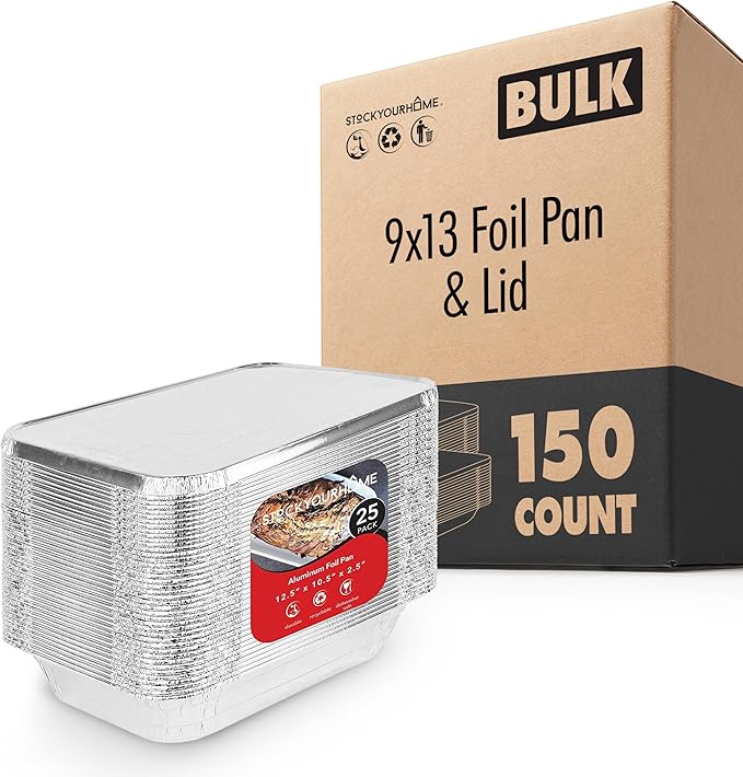 Foil Pans with Lids - 9x13 Aluminum Pans with Covers - 150 Foil Pans and 150 Foil Lids - Disposable Food Containers Great for Baking, Cooking, Heating, Storing, Prepping Food