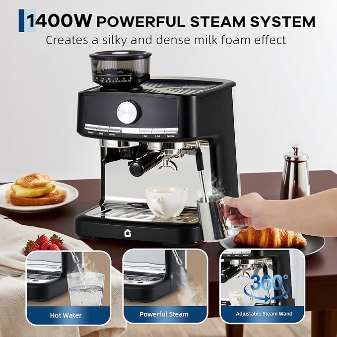 Garvee 20 Bar Pressure Espresso Machine with Grinder, 1.5L Removable Water Tank, Milk Frother Steam Wand for Latte/Cappuccino (BLACK,20Bar,With Grinder)