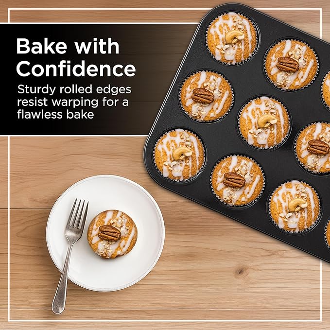 Wrenbury Non Stick Muffin Pan for Baking 12 Cup - Non Toxic Deep Cupcake and Yorkshire Pudding Tin - Even Bakes, Easy Clean, Warp Resistant - 3" Cup