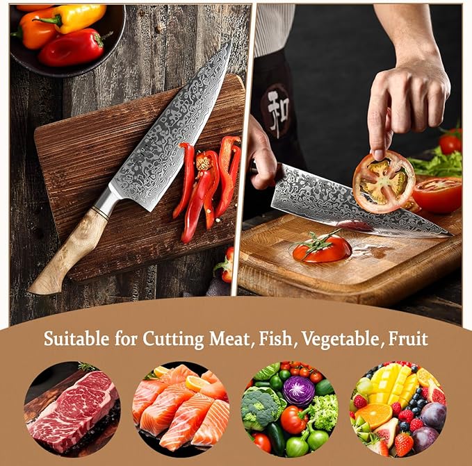 HEZHEN Chef's Knife-Professional-8.3 inch Damascus Steel, Kitchen Knife VG10 Gyuto Knife-Master Series Chef Cooking Tool at Home,Restaurant-Figured Sycamore Wood Handle