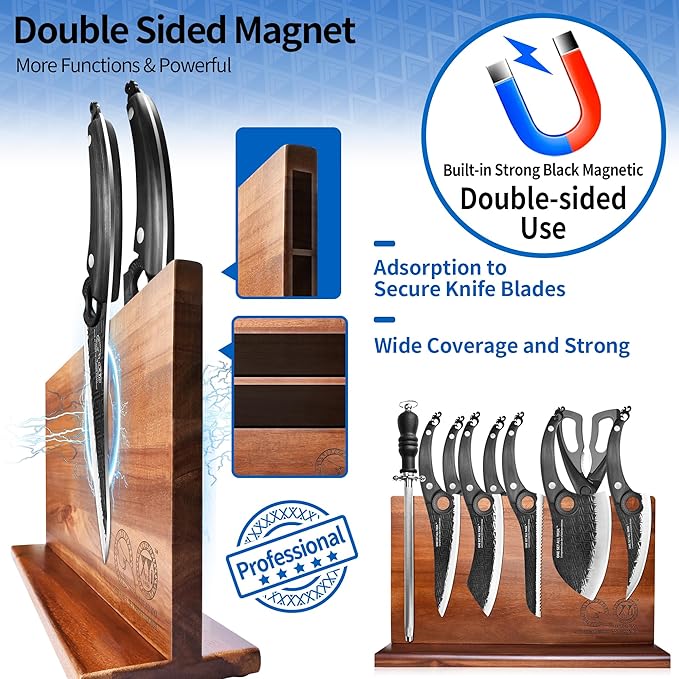 XYJ Authentic Since 1986,Kitchen Knife Block Set,High Carbon Steel Blades,Knives Set with Wooden Magnetic Knife Block,Sharpening Steel,Cutting Board,Cleaver Slicing Knife,Wood Handle