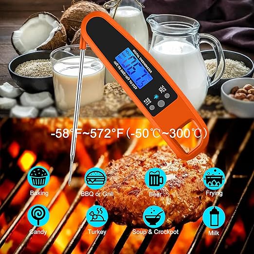 Instant Read Meat Thermometer for Kitchen Cooking, Ultra Fast Precise Waterproof Digital with Backlight, Magnet and Foldable Probe for Food,Deep Fry, Outdoor BBQ, Grill(Orange)