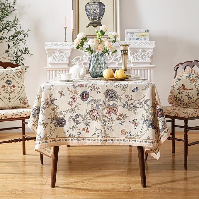 ISAENNE Designer French Light Beige Table Cloth for Rectangle Table,Linen Florals and Birds Pattern Tablecloth,Durable Decorative Tablecloths for Dining Thanksgiving Kitchen,55"*79"-Cornucopia