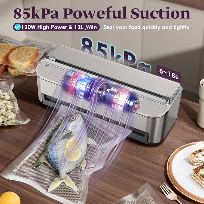 Mesliese Vacuum Sealer Machine, 85kPa 120W Automatic Food Sealer, Powerful Sealing System, Build-in Cutter | Bags Storage | Moist Mode and Air Suction Hose (Silver)