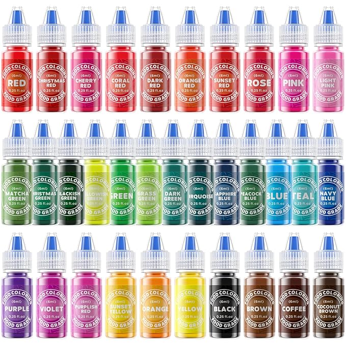 Food Coloring - 33 Food Grade Vibrant Colors Food Coloring Liquid Set, Food Dye Color for Baking, Icing, Cookie, Cake Decorating, Easter Egg, DIY Making Supplies Kit (0.25 Fl Oz (Pack of 33))