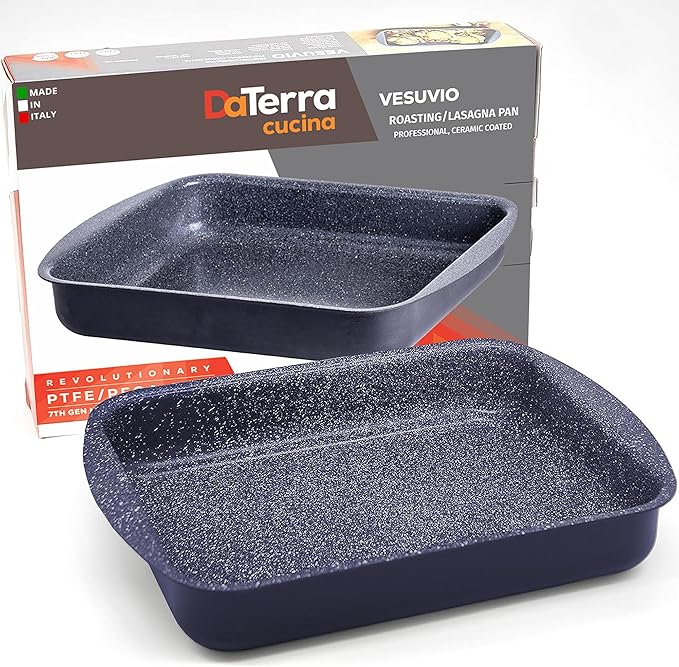 DaTerra Cucina Nonstick Roasting & Lasagna Pan – 16"x12"x3", Ceramic-Coated, Oven & Stovetop Safe to 600°F, Sturdy Base, PTFE, PFOA & Lead-Free, Durable & Stylish Deep Roasting Tray - Made in Italy