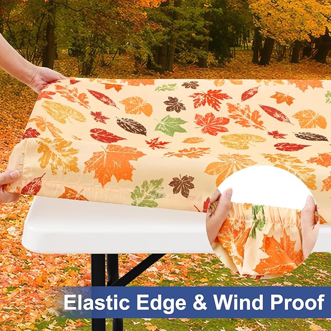 homing Rectangle Table Cloth Cover, Waterproof Polyester Elastic Fitted Tablecloth, Fits for 6 Foot Folding Tables, Washable Table Protector for Fall, Thanksgiving (Colored Leaves, 30" x 72")