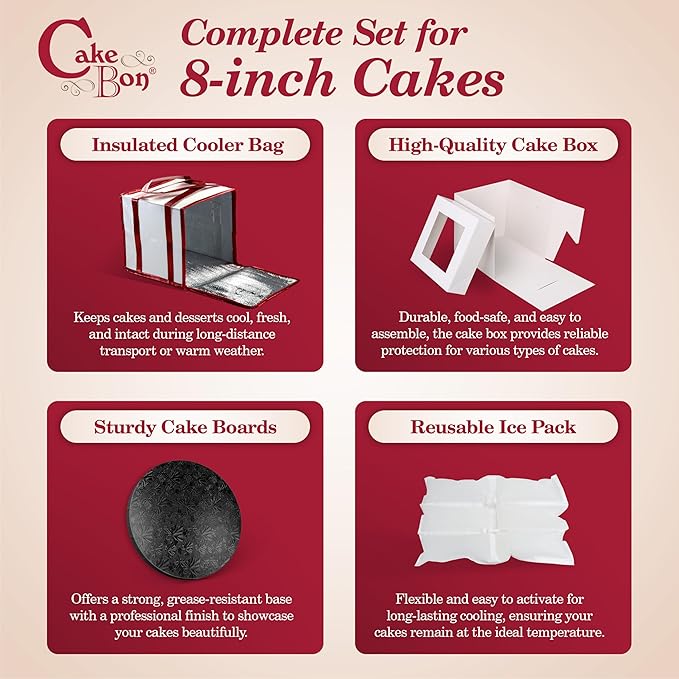 Cakebon Cake Box and Boards, 8-Inch Round Black Wrapped Edges 1/2- Inch Thick Drums with Insulated Bag and Ice Pack – Cake Transport Set, Cooler for Cake Delivery and Transport (1pc Each, 4pcs Total)