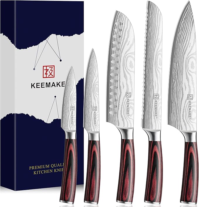 KEEMAKE Knife Set 5 Pieces, Professional Kitchen Knife Set, High Carbon Stainless Steel Chef Knife Set, Ultra Sharp Blade Knives Set for Kitchen with Ergonomic Pakkawood Handle & Gift Box