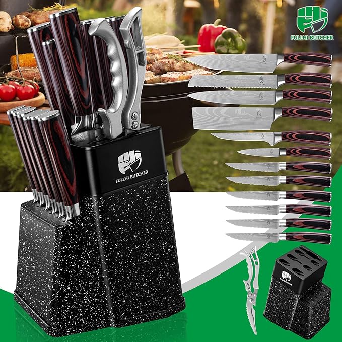 FULLHI 14pcs Block Knife Set, Chef's Knife Steak Knives Set with Block and Sharpener, Kitchen Knife Set, Multi-colour Handle, Gifts for Men Women