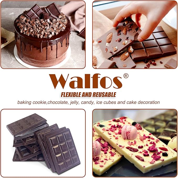 Walfos Break-Apart Chocolate Molds, Non-Stick Silicone Chocolate Bar Mold, Food Grade Candy Bar Mold, Perfect for Energy Bar, Cocoa Mini Bar, Basic Bites, 4 Pack