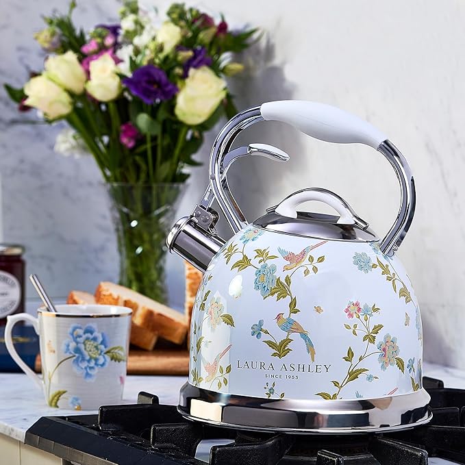 VQ Laura Ashley Elveden White 2.5L Stainless Steel Tea Kettle Stovetop Whistling Teapot for Induction, Gas Hob or others. Silicon Coated Cool Handle & Push Button Mechanism Vintage Stove Top Kettle