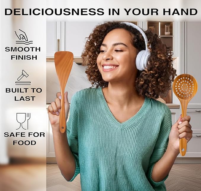 9-Piece Teak Wooden Utensil Set – Wooden Spoons for Cooking with Spoon Rest, Wooden Spatula, and Non Toxic Cooking Utensils – Premium Kitchen Utensils Set for Daily Use