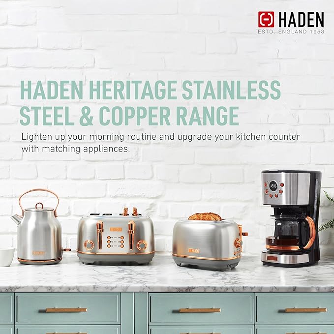 Haden Heritage 4 Slice Wide Slot Stainless Steel Toaster Bundled with 1.7 Liter Stainless Steel Electric Water Kettle, Steel & Copper