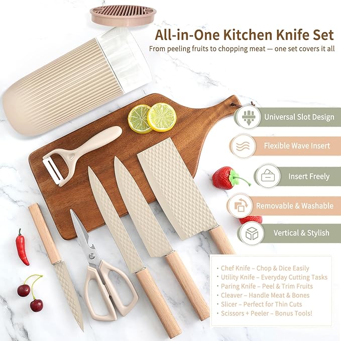 Knife Set, 7-Piece Kitchen Knife Set with Sharp Chef and Meat Knives, Anti-Rust Utility Knives Set for Kitchen, Kitchen Knife Block Set – Khaki