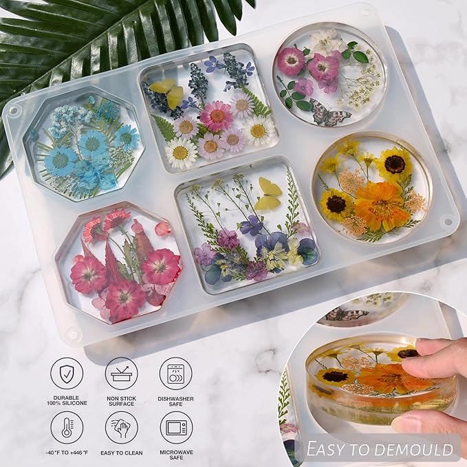 Actvty Coaster Resin Molds, 6-Cavity Octagon Round Square Coaster Epoxy Mold Silicone Molds for Resin Casting DIY Custom Coasters Art Gifts Home Decoration