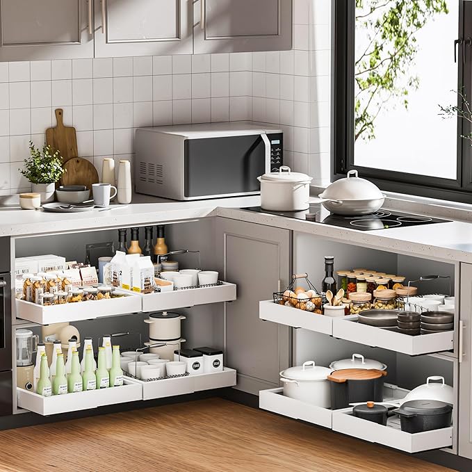 Pull Out Drawers for Cabinets, 1 Pack Slide Out Drawer Expandable Width (10"-16") and Depth (17"-25") with 3 Slide Rails, Fixed with Adhesive Film or Nail for Cabinets in Kitchen, Pantry or Bathroom