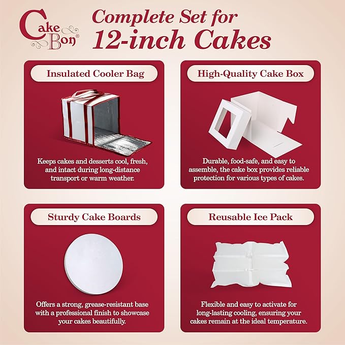 Cakebon Cake Box and Boards, 12-Inch Round White Wrapped Edges 1/2- Inch Thick Drums with Insulated Bag and Ice Pack – Cake Transport Set, Cooler for Cake Delivery and Transport (1pc Each, 4pcs Total)