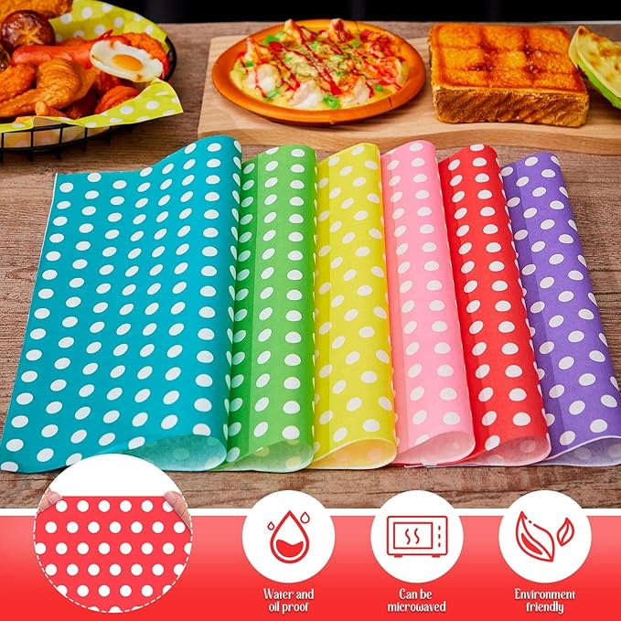 Fulmoon 600 Sheets Waxed Deli Paper Sheets for Food 12 x 12 Inch Polka Dot Dry Wax Paper Greaseproof Food Basket Liners Sandwich Wraps for Wrapping Bread Baking BBQ Picnic Party (Multicolor)