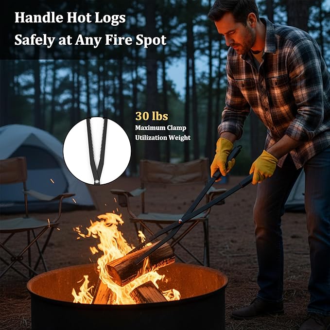 Heavy Duty Fire Tongs Firewood Grabber Tool with Scissor Shape Serrated, Bonfire, Campfire Fire Pit Log Claw Tongs (Black)