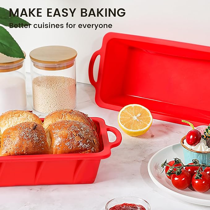 Vinino 2 Pack Silicone Bread Loaf Pan with Metal Reinforced Frame, 9.5 x 5 in Non-stick Silicone 1 lb Loaf Pan for Baking, Durable Bread Pan for Oven Dishwasher Safe - Red