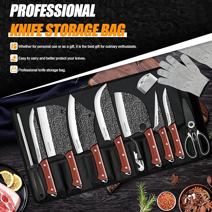 MDHAND 14PCS Butcher Knife Set, Hand Forged Butcher Chef Knife Set with Roll Bag, Sharp Meat Cleaver Knife & Bone Chopper Knives & Fillet Knives for Home & Camping & BBQ Gift for Men