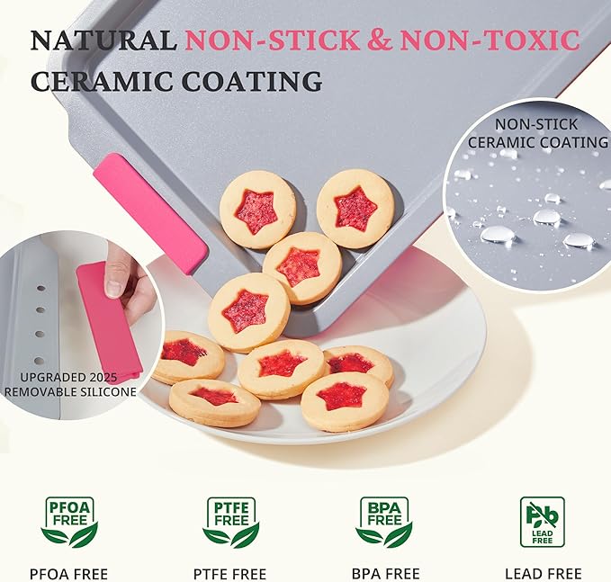 BRONYPRO Non Stick Ceramic Baking Sheet Pan Set of 3, Natural Non Toxic Cookie Sheets for Baking - PFOA, PTFE Free, Aluminized Steel Oven Trays for Cooking with Silicone Handles, Rose Red