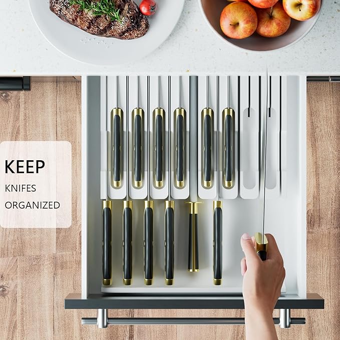 Domax Bamboo In-drawer Knife Block - Knife Drawer Organizer Insert Large Handle Steak Knife Holder, Kitchen Drawer Knife Organizer Fits for 16 knives and 1 Sharpening Steel (Not Included), White