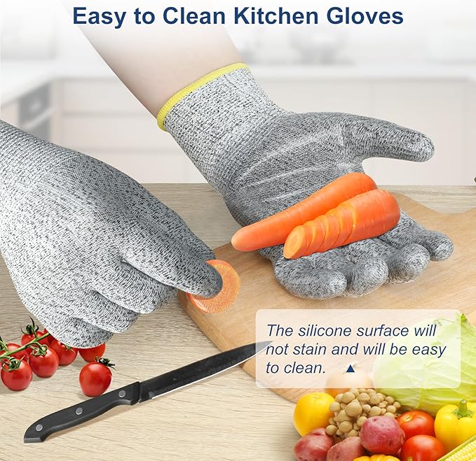 Dowellife Level 5 Cut Resistant Gloves with Silicone Coating, Food Grade Kitchen Knife Safety Gloves, Work Gloves for Chef, Mandoline Oyster Shucking Meat Cutting Wood Carving (Gray Large), Grey