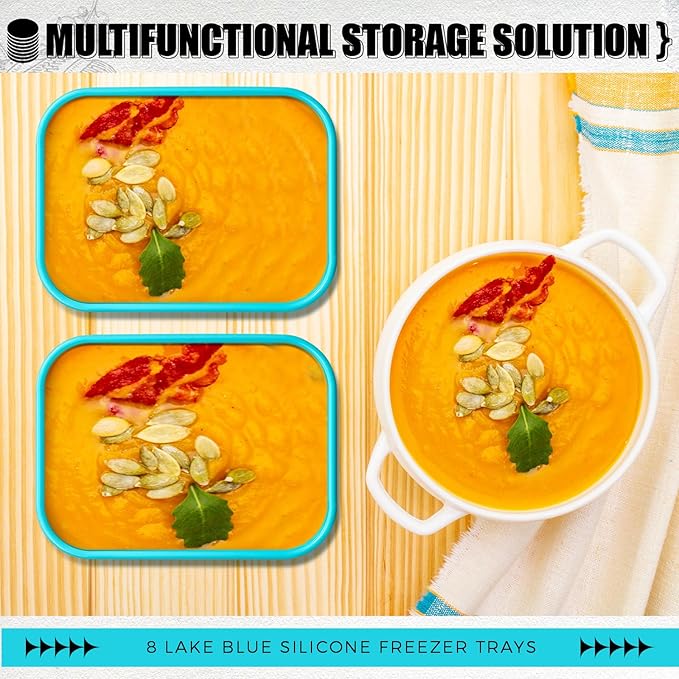 Nuogo 8 Pcs 6 Cup Silicone Freezer Trays with Lid Soup Containers Reusable Freezer Silicone Molds Rectangle Containers Ice Trays for Sauces Stews Curries, Lake Blue