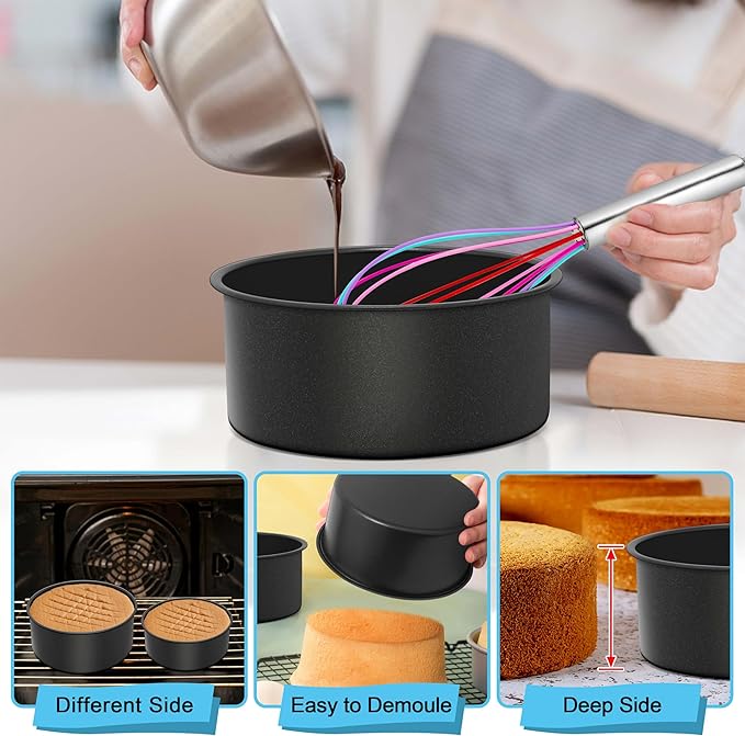 E-far Deep Cake Pan Set of 3 (6/8/9½ Inch), Nonstick Stainless Steel Round Cake Pans Tins for Baking Layer Wedding Cakes, Stainless Steel Core & Nontoxic Coating, Deep & Straight Side