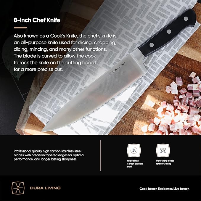 DURA LIVING Chef's Knife Set, 4 Piece Cutlery Knife Set, Superior Forged High Carbon Stainless Steel Ultra Sharp 8 Inch Chef, 7 Inch Santoku, 5 Inch Utility, 3.5 Inch Paring Knives, Black