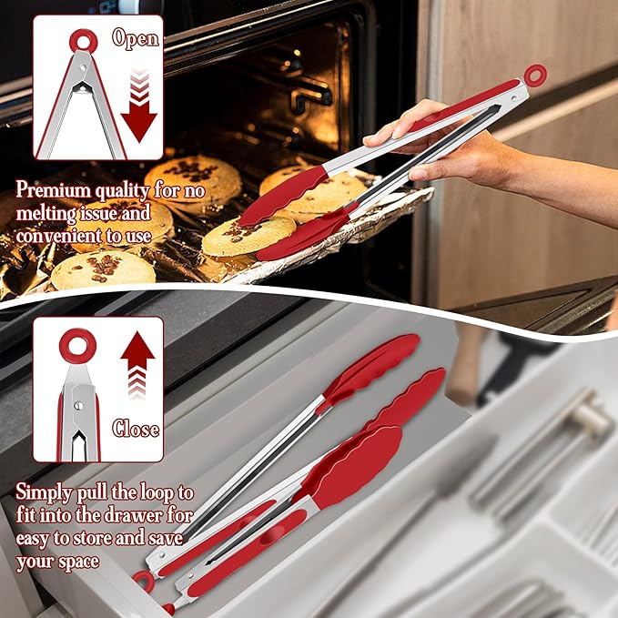 TeamFar Kitchen Tongs, 9" and 12" Stainless Steel Cooking Tongs with Silicone Tips for Cooking Grilling Serving & BBQ, Heat Resistant Silicone Tongs, Locking Design & Dishwasher Safe, Set of 2 & Red