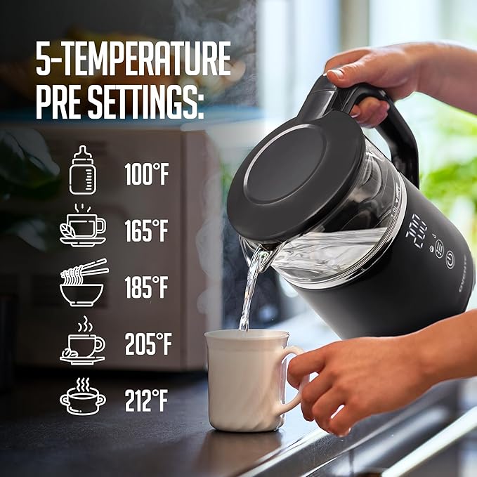 OVENTE 1L Small Electric Kettle with 5 Temperature Preset, Digital Display, 5Hr Keep Warm, Auto Shut-Off, Double-Wall Cool Touch Exterior, Borosilicate Glass,1500W BPA Free Water Boiler, Black KD95B