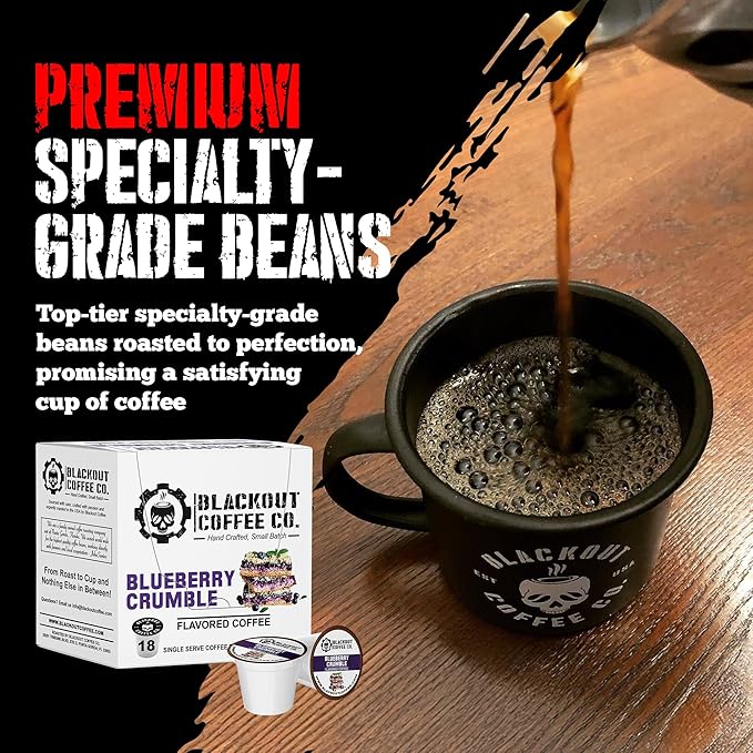 Blackout Coffee Blueberry Crumble Flavored Coffee Pods – Medium Roast, Smooth Taste, Guilt-Free Indulgence – Freshly Roasted 18 Count, American Made