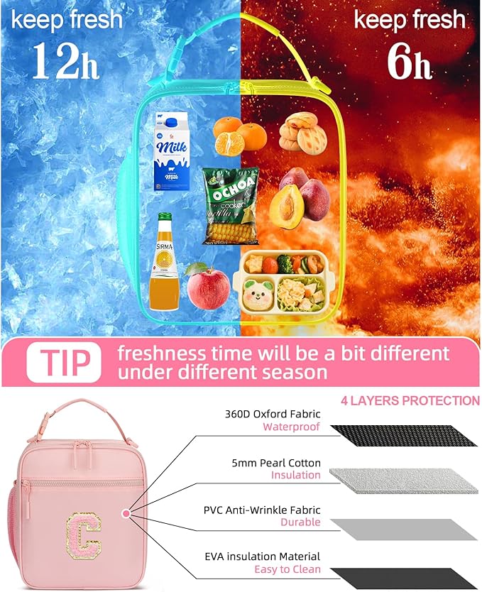 Initial Insulated Lunch Bag for Girls Kids, Back to School Gift, Reusable Leak-proof Lunch Box with Adjustable Strap for School Daycare Travel Picnic (Pink,C)