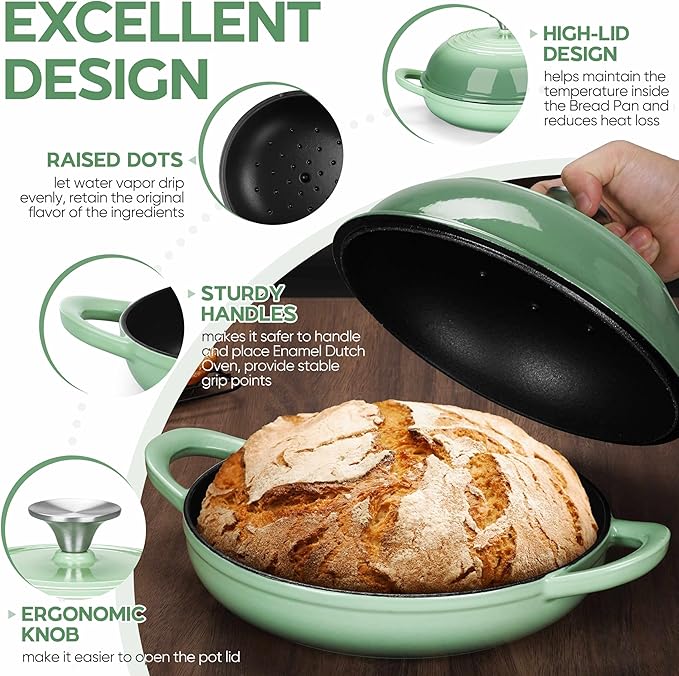 E-far Dutch Oven for Sourdough Bread Baking, 6 Qt Round Enameled Cast Iron Dutch Oven for Homemade Artisan Bread, Dome Lid & Shallow Base, Matte Black Interior & Durable, Oven-Safe to 500℉, Green