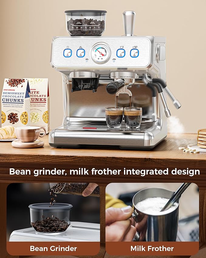 COWSAR Commercial Espresso Machine 15 Bar, Semi-Automatic Espresso Maker with Bean Grinder & Milk Frother Steam Wand, Removable Water Reservoir, Self-Cleaning, Ideal for Cappuccino, Stainless Steel