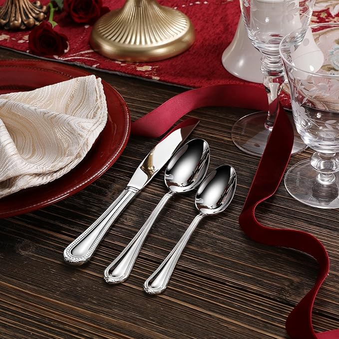 KEAWELL Pearl Edge Premium 45-Piece Refined Bead Silverware Set, 18/10 Stainless Steel, Service for 8, Fine Flatware Set with Serving Utensils, Dishwasher Safe (45, Silver)