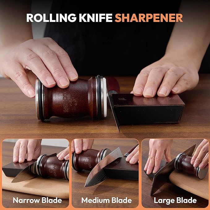 Rolling Knife Sharpener - Multi Angle Knife Sharpeners Tool Kit for Kitchen & Chef Knives, Diamond & Ceramic Honing Discs with 12°, 15°, 20° & 25° Magnetic Base - Manual Safe Roller Sharpening