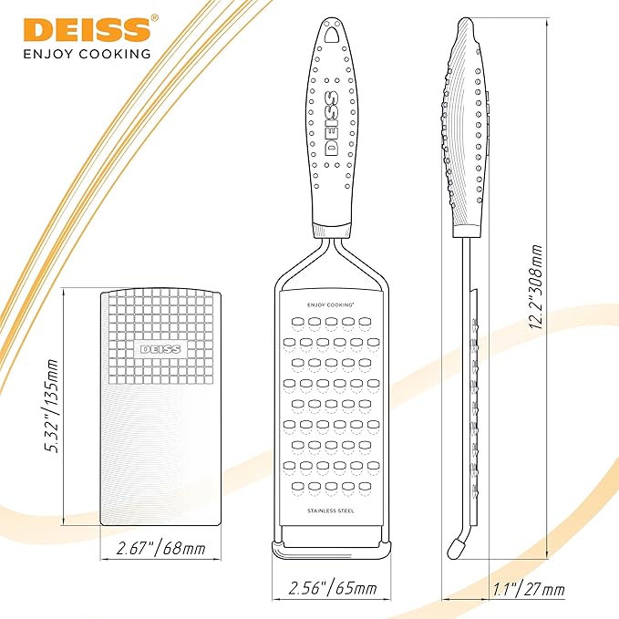 Deiss PRO Coarse Grater & Hand Held Cheese Grater - Sharp Stainless Steel Blades, Non-Slip Handle, Small Cheese Grater for Kitchen, Shredder, Dishwasher Safe