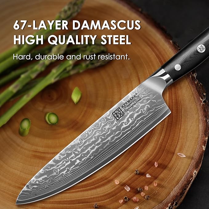 KEEMAKE Damascus Kitchen Knife Set 3 PCS, Sharp Knives Set for Kitchen, 67 Layers Damascus Chef Knives, Japanese Knife Sets with Full Tang Ergonomic Handle, Kitchen Knives for Meat Vegetable
