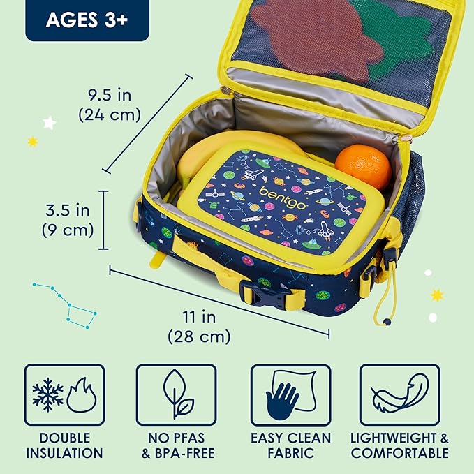 Bentgo Kids Lunch Bag - Durable, Double-Insulated Lunch Bag for Kids 3+; Holds Lunch Box, Water Bottle, & Snacks; Easy-Clean Water-Resistant Fabric & Multiple Zippered Pockets (Space)