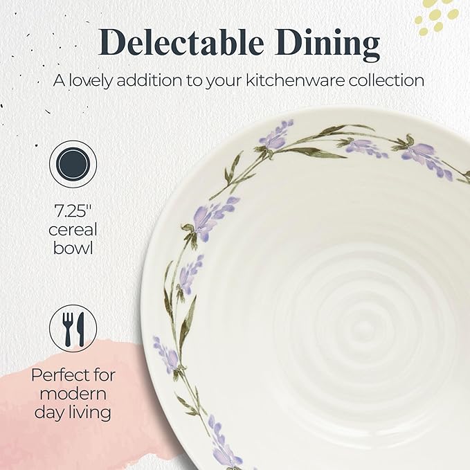 Portmeirion Sophie Conran Lavandula Cereal Bowls, Set of 4 – Ripple Design Floral Porcelain Serving Bowls for Soup, Salad, Dessert & Ice Cream – Stackable Lavender 7.5-Inch Everyday Dinnerware