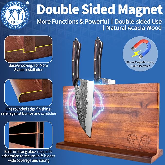 XYJ Knife Block Set, Full Tang Knives Set with Magentic Knife Block, Sharpening Stick, Scissors, Cut Resistant Gloves, Utility Vegetable Kitchen Knives, High Carbon Steel Blades, Pakkawood Handle