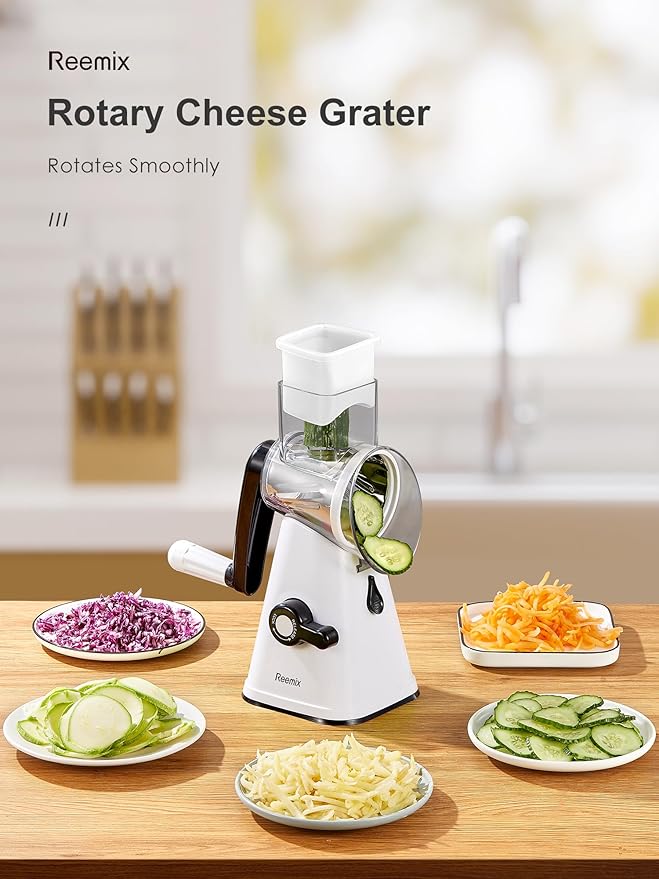 Rotary Cheese Grater with Handle, Reemix Vegetable Cheese Shredder Slicer Grater for Kitchen 3 Changeable Blades for Cheese Potato Zucchini Nuts Chocolate (White)