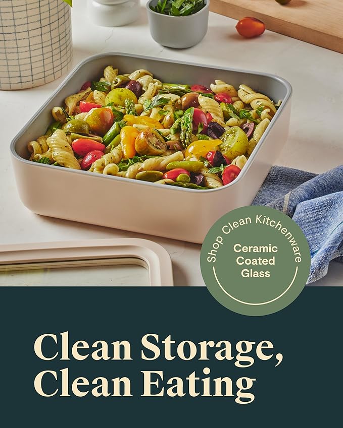 Caraway Glass Food Storage - 10 Cup Glass Container - Ceramic Coated Food Container - Non Stick Lunch Box with Lids - Dishwasher, Oven, & Microwave Safe - Square Shape - Cream