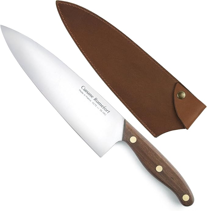 Cuisine Romefort | Sharp Carbon Steel Chef's Knife XC75, 8.7 in blade, with Leather sheath | chef knives with wooden handle | kitchen knife hardened with 58 Rockwell